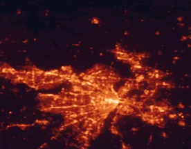 Satellite night-light map of the 50 km around Florissant, with St. Louis, Saint Charles and O'Fallon marked