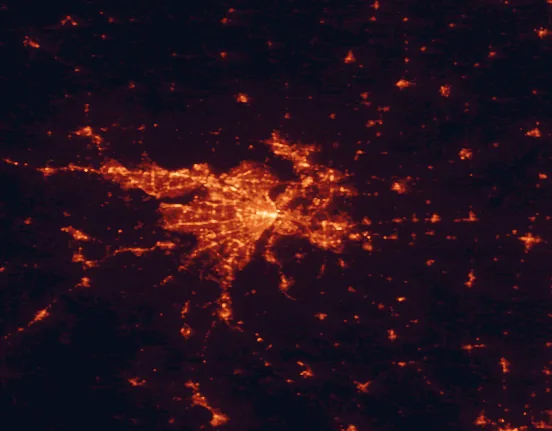 Satellite night-light map of the 100 km around Gateway Arch National Park, with Saint Charles, Florissant and O'Fallon marked