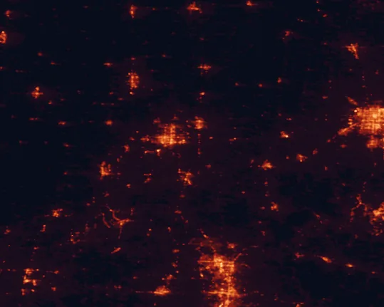 Satellite night-light map of the 100 km around George Washington Carver National Monument, with Springfield, Joplin and Springdale marked