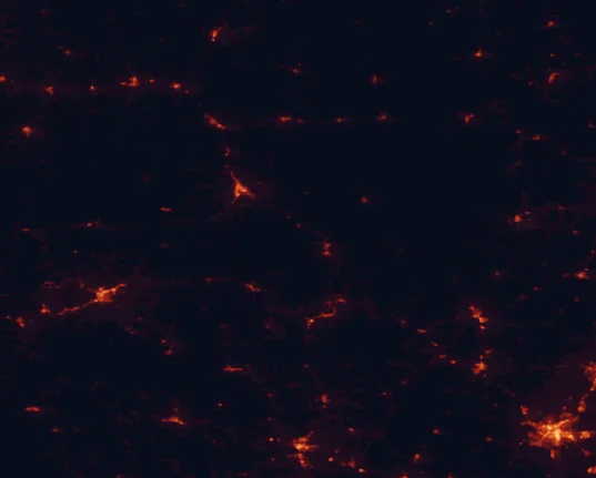 Satellite night-light map of the 100 km around Grand Gulf State Park, with Jonesboro, West Plains and Mountain Home marked