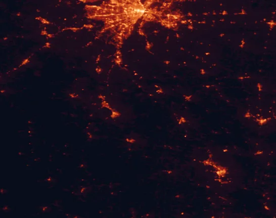Satellite night-light map of the 100 km around Hawn State Park, with St. Louis, Farmington and Belleville marked