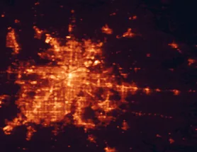 Satellite night-light map of the 50 km around Independence, with Kansas City, Kansas City and Overland Park marked