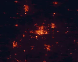 Satellite night-light map of the 50 km around Joplin, with Webb City, Carthage and Pittsburg marked