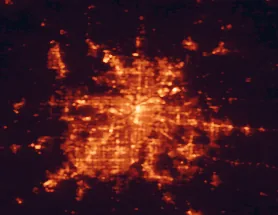 Satellite night-light map of the 50 km around Kansas City, with Kansas City, Overland Park and Independence marked