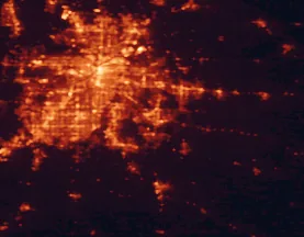Satellite night-light map of the 50 km around Lee's Summit, with Kansas City, Overland Park and Independence marked