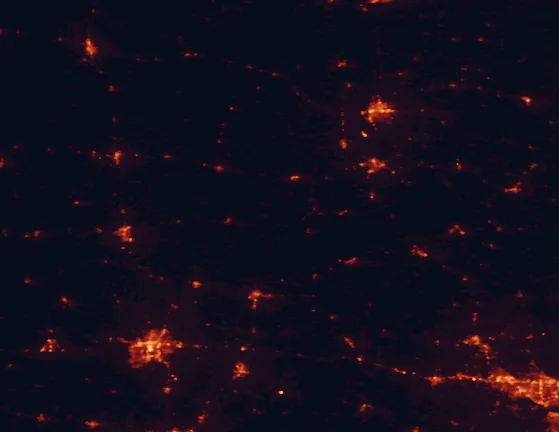 Satellite night-light map of the 100 km around Mark Twain Birthplace State Historic Site, with Columbia, O'Fallon and Quincy marked