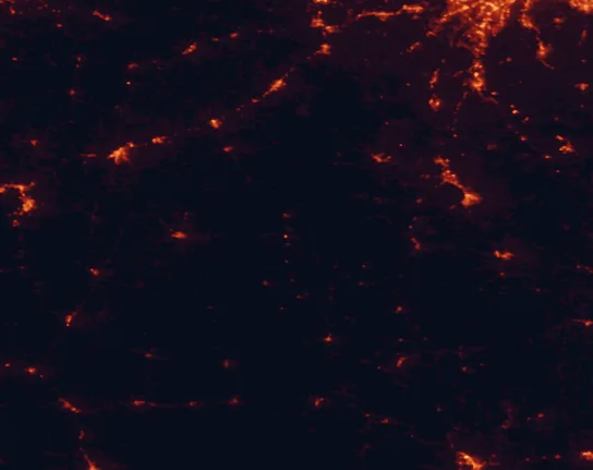 Satellite night-light map of the 100 km around Mark Twain National Forest, with Oakville, Farmington and Rolla marked