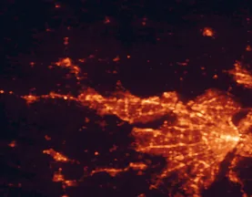 Satellite night-light map of the 50 km around O'Fallon, with St. Louis, Saint Peters and Saint Charles marked