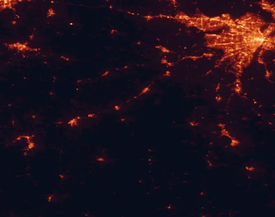 Satellite night-light map of the 100 km around Onondaga Cave State Park, with St. Louis, O'Fallon and Saint Charles marked
