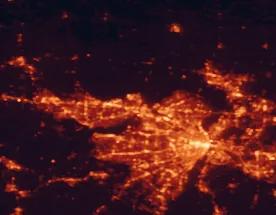 Satellite night-light map of the 50 km around Saint Charles, with St. Louis, O'Fallon and Saint Peters marked