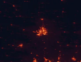 Satellite night-light map of the 50 km around Saint Joseph, with Atchison, Savannah and Smithville marked