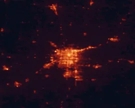 Satellite night-light map of the 50 km around Springfield, with Nixa, Ozark and Republic marked