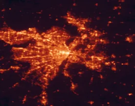 Satellite night-light map of the 50 km around St. Louis, with University City, Florissant and Saint Charles marked