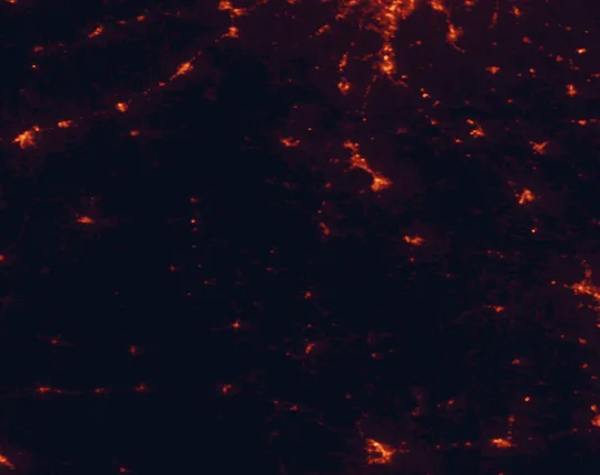 Satellite night-light map of the 100 km around Taum Sauk Mountain State Park, with Farmington, Rolla and Park Hills marked