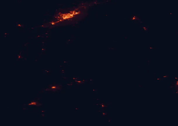 Satellite night-light map of the 100 km around Bighorn Canyon National Recreation Area, with Billings and Cody marked