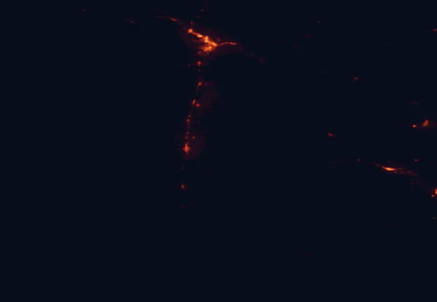 Satellite night-light map of the 100 km around Bitterroot National Forest, with Missoula and Anaconda marked