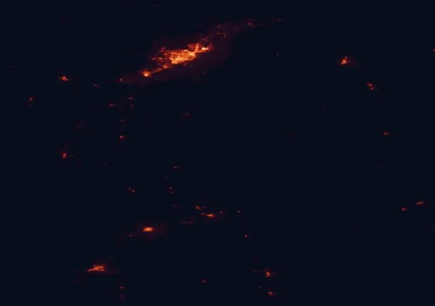 Satellite night-light map of the 100 km around Custer-Gallatin National Forest, with Billings and Cody marked