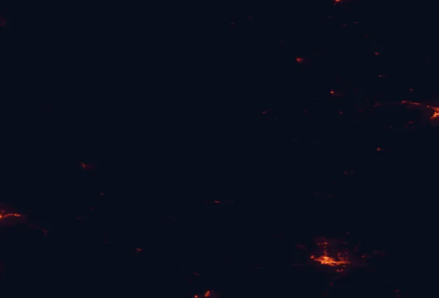 Satellite night-light map of the 100 km around Helena-Lewis and Clark National Forest, with Helena and Helena Valley Southeast marked
