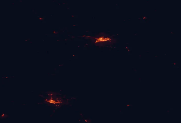 Satellite night-light map of the 100 km around Lewis and Clark National Forest, with Great Falls, Helena and Helena Valley Southeast marked