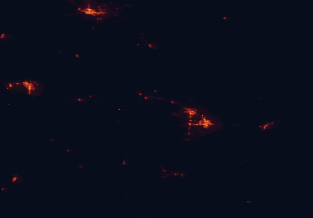Satellite night-light map of the 100 km around Madison Buffalo Jump State Park, with Bozeman, Butte and Helena marked