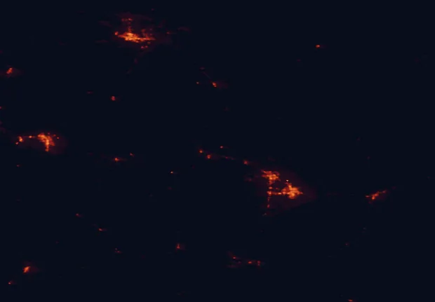 Satellite night-light map of the 100 km around Missouri Headwaters State Park, with Bozeman, Butte and Helena marked
