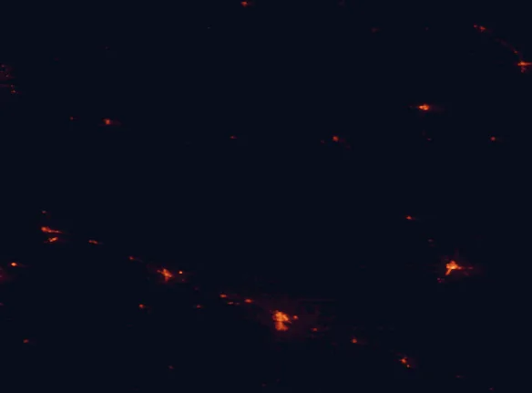 Satellite night-light map of the 100 km around Agate Fossil Beds National Monument, with Scottsbluff, Gering and Alliance marked