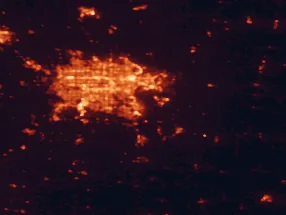 Satellite night-light map of the 50 km around Bellevue, with Omaha, Council Bluffs and Papillion marked