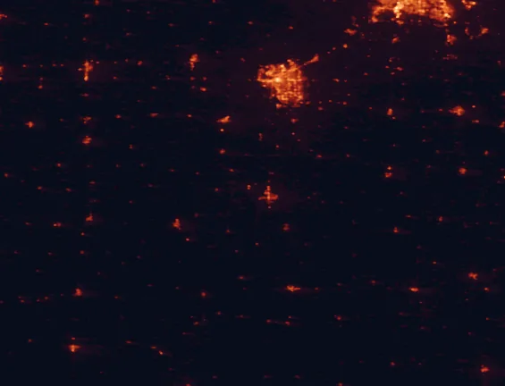 Satellite night-light map of the 100 km around Homestead National Historical Park, with Lincoln and Bellevue marked