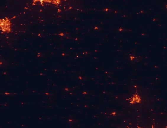 Satellite night-light map of the 100 km around Indian Cave State Park, with Lincoln, Saint Joseph and Maryville marked