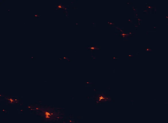 Satellite night-light map of the 100 km around Pine Ridge National Recreation Area, with Scottsbluff, Alliance and Gering marked