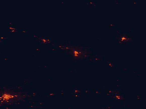 Satellite night-light map of the 100 km around Scotts Bluff National Monument, with Cheyenne and Alliance marked