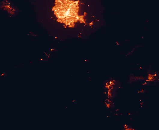 Satellite night-light map of the 100 km around Avi Kwa Ame National Monument, with Las Vegas, Henderson and Paradise marked