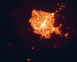Satellite night-light map of the 50 km around Enterprise, with Las Vegas, Paradise and Spring Valley marked
