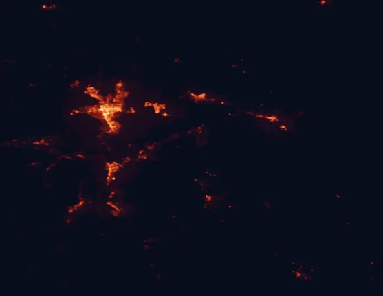 Satellite night-light map of the 100 km around Fort Churchill State Historic Park, with Reno, Sparks and Carson City marked