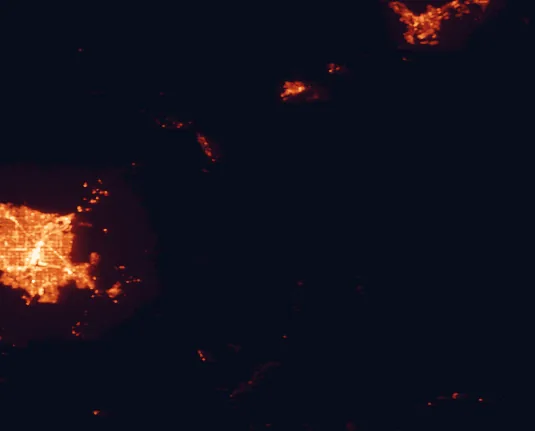 Satellite night-light map of the 100 km around Gold Butte National Monument, with Las Vegas, Henderson and North Las Vegas marked