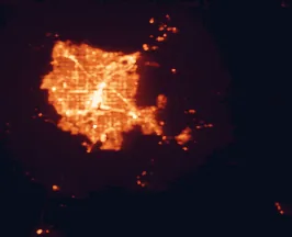 Satellite night-light map of the 50 km around Henderson, with Las Vegas, Paradise and North Las Vegas marked