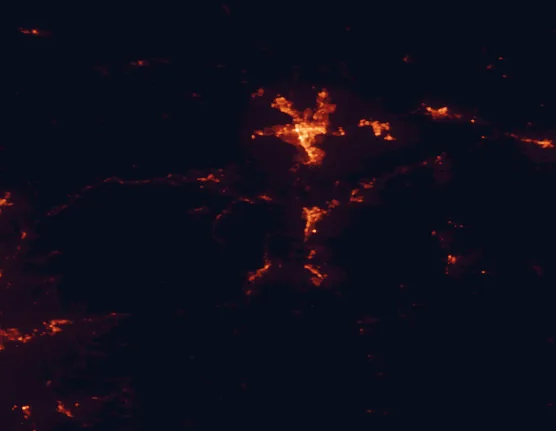 Satellite night-light map of the 100 km around Lake Tahoe State Park, with Reno, Carson City and Sparks marked