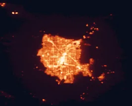 Satellite night-light map of the 50 km around Las Vegas, with Paradise, Sunrise Manor and Henderson marked