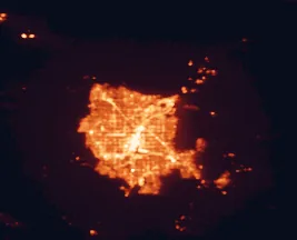 Satellite night-light map of the 50 km around North Las Vegas, with Sunrise Manor, Paradise and Henderson marked