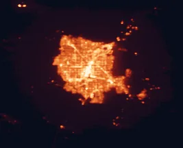 Satellite night-light map of the 50 km around Paradise, with Las Vegas, Henderson and North Las Vegas marked