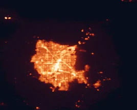 Satellite night-light map of the 50 km around Sunrise Manor, with Las Vegas, North Las Vegas and Henderson marked