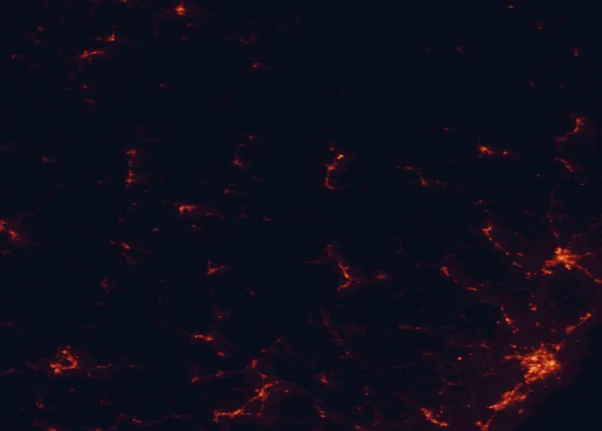 Satellite night-light map of the 100 km around Mount Washington State Park, with Portland, Lewiston and West Scarborough marked