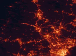 Satellite night-light map of the 50 km around Nashua, with Boston, Lowell and Manchester marked