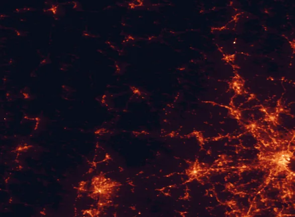 Satellite night-light map of the 100 km around Rhododendron State Park, with Boston, Worcester and Springfield marked