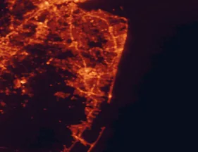Satellite night-light map of the 50 km around Brick, with Toms River, Lakewood and Middletown marked