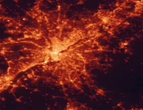 Satellite night-light map of the 50 km around Cherry Hill, with Philadelphia, Camden and Bensalem marked