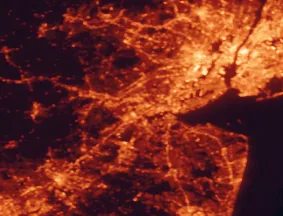 Satellite night-light map of the 50 km around Edison, with New York City, Brooklyn and Manhattan marked