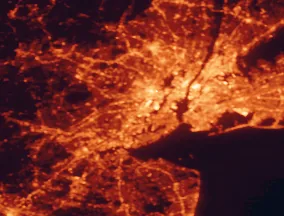 Satellite night-light map of the 50 km around Elizabeth, with New York City, Brooklyn and Queens marked