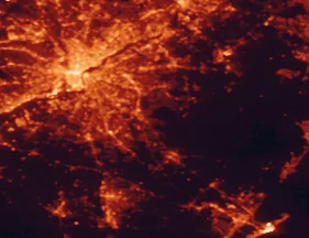 Satellite night-light map of the 50 km around Jackson, with Philadelphia, Cherry Hill and Camden marked