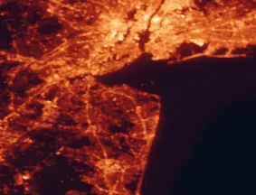 Satellite night-light map of the 50 km around Middletown, with New York City, Brooklyn and Queens marked